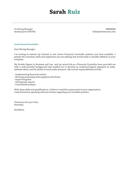 Carta de Apresentação do Controlador Financeiro Júnior