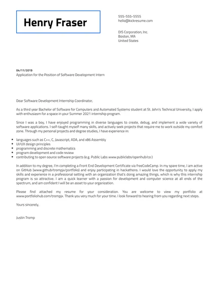Exemplo de Carta de Apresentação do Estagiário de Desenvolvimento de Software DIS