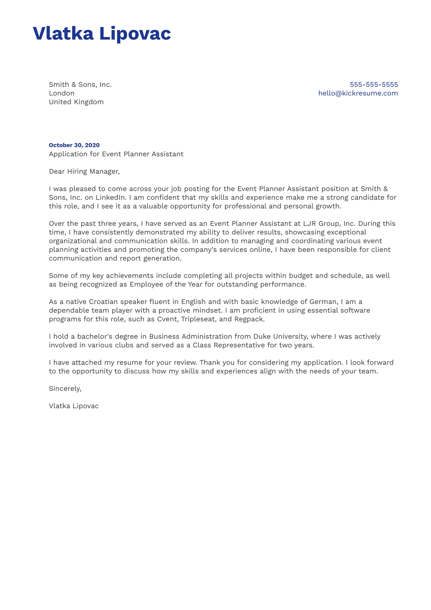 Event Planner Assistant Cover Letter Sample Kickresume