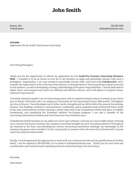 Estágio de Verão de Auditoria/Taxa no CohnReznick Carta de Apresentação Amostra