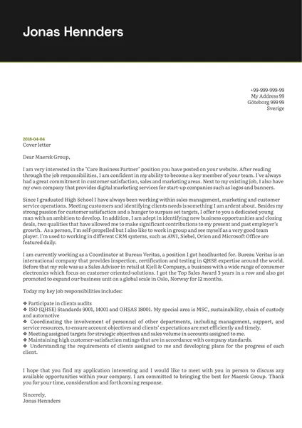 Esempio di lettera di presentazione per partner commerciale Maersk