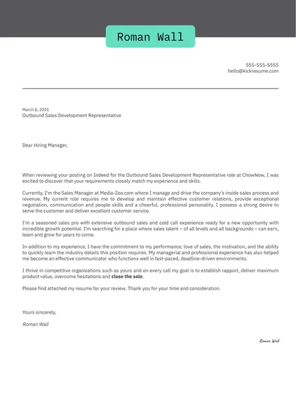 Esempio di lettera di presentazione per rappresentante per lo sviluppo delle vendite in uscita presso ChowNow