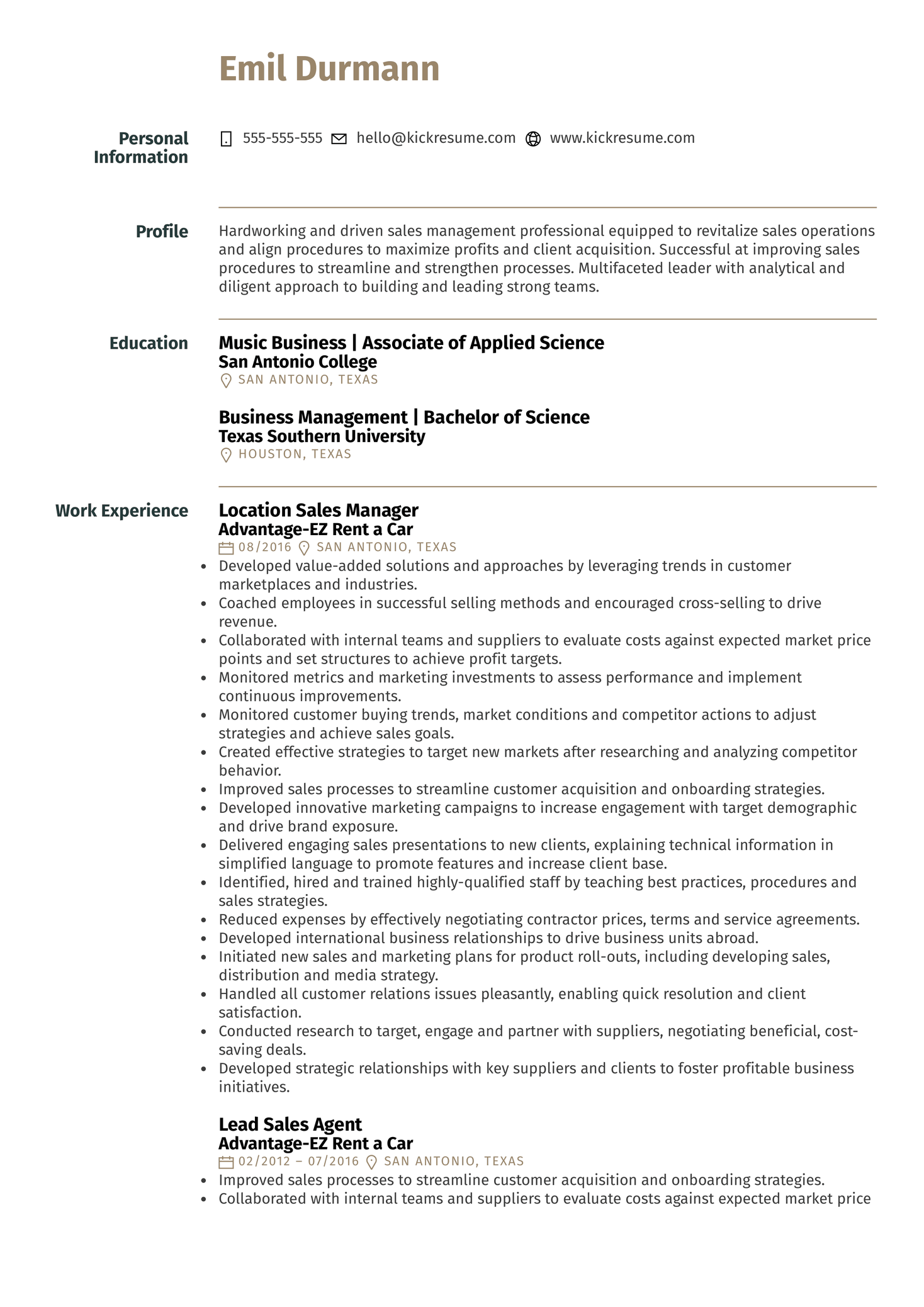 Location Sales Manager At Advantage EZ Rent A Car Resume Sample 