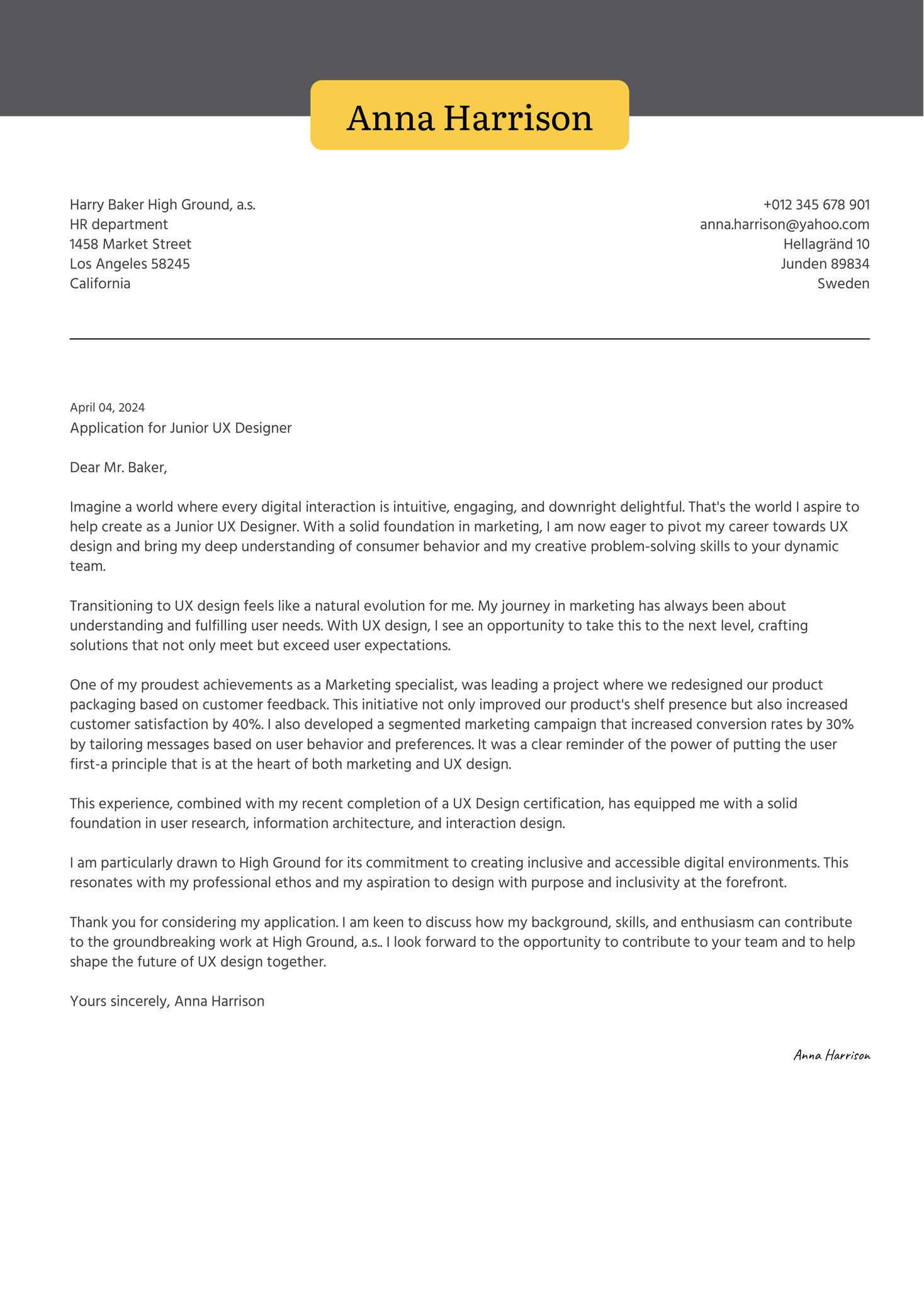 Junior UX Designer Career Change Cover Letter Example