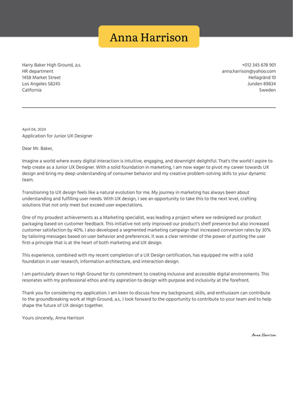 Junior UX Designer Career Change Cover Letter Example